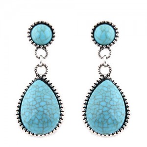 Vintage Silver Rimmed Artificial Turquoise Fashion Stud Earrings
