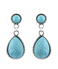 Vintage Silver Rimmed Artificial Turquoise Fashion Stud Earrings