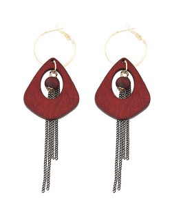 Exaggerated Geometric Wooden with Chain Tassel Design Fashion Ear Clips - Red