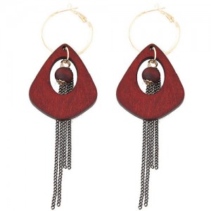 Exaggerated Geometric Wooden with Chain Tassel Design Fashion Ear Clips - Red