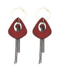 Exaggerated Geometric Wooden with Chain Tassel Design Fashion Ear Clips - Red