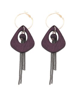 Exaggerated Geometric Wooden with Chain Tassel Design Fashion Ear Clips - Purple