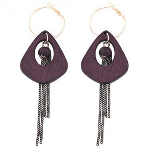 Exaggerated Geometric Wooden with Chain Tassel Design Fashion Ear Clips - Purple
