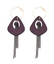Exaggerated Geometric Wooden with Chain Tassel Design Fashion Ear Clips - Purple