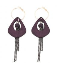 Exaggerated Geometric Wooden with Chain Tassel Design Fashion Ear Clips - Purple