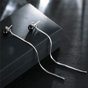 Delicate Black Bead with Long Tassel Slim Style Fashion Stud Earrings