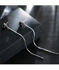 Delicate Black Bead with Long Tassel Slim Style Fashion Stud Earrings