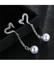 Rhinestone Inlaid Hearts Fashion Dangling Pearl Design Stud Earrings