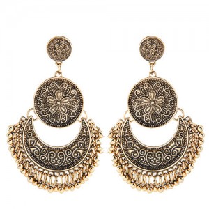 Vintage Floral and Vine Engraving Design Dangling Waterdrop Stud Earrings - Golden