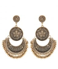 Vintage Floral and Vine Engraving Design Dangling Waterdrop Stud Earrings - Golden