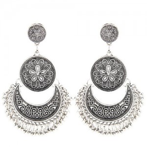 Vintage Floral and Vine Engraving Design Dangling Waterdrop Stud Earrings - Silver