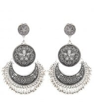 Vintage Floral and Vine Engraving Design Dangling Waterdrop Stud Earrings - Silver