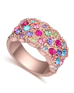 Austrian Crystal Embellished Flowers Cluster Design Rose Gold Plated Ring - Multicolor