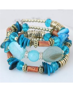 Bohemian Fashion Turquoise and Assorted Beads Design Triple-layer Bracelet - Blue
