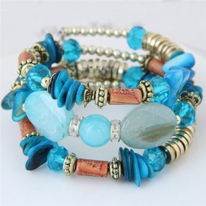 Bohemian Fashion Turquoise and Assorted Beads Design Triple-layer Bracelet - Blue