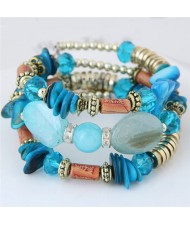Bohemian Fashion Turquoise and Assorted Beads Design Triple-layer Bracelet - Blue