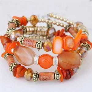 Bohemian Fashion Turquoise and Assorted Beads Design Triple-layer Bracelet - Orange