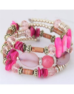 Bohemian Fashion Turquoise and Assorted Beads Design Triple-layer Bracelet - Pink