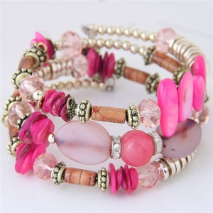 Bohemian Fashion Turquoise and Assorted Beads Design Triple-layer Bracelet - Pink
