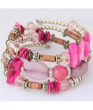 Bohemian Fashion Turquoise and Assorted Beads Design Triple-layer Bracelet - Pink