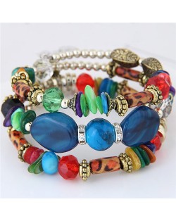 Bohemian Fashion Turquoise and Assorted Beads Design Triple-layer Bracelet - Royal Blue
