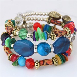 Bohemian Fashion Turquoise and Assorted Beads Design Triple-layer Bracelet - Royal Blue