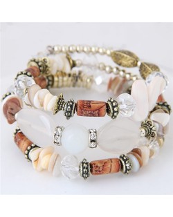 Bohemian Fashion Turquoise and Assorted Beads Design Triple-layer Bracelet - White