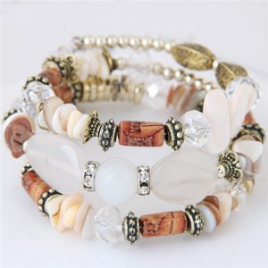 Bohemian Fashion Turquoise and Assorted Beads Design Triple-layer Bracelet - White