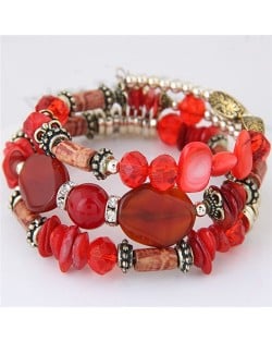 Bohemian Fashion Turquoise and Assorted Beads Design Triple-layer Bracelet - Red