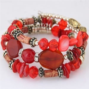 Bohemian Fashion Turquoise and Assorted Beads Design Triple-layer Bracelet - Red
