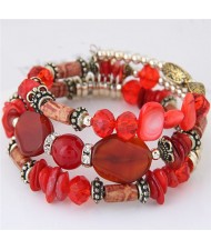 Bohemian Fashion Turquoise and Assorted Beads Design Triple-layer Bracelet - Red