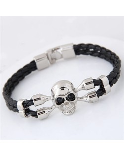 Punk Skull Design Weaving Leather Fashion Bracelet - Silver