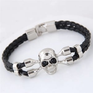 Punk Skull Design Weaving Leather Fashion Bracelet - Silver