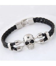 Punk Skull Design Weaving Leather Fashion Bracelet - Silver