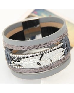 Alloy Feather Decorated Multiple Elements Wide Magnetic Lock Fashion Bangle - Gray