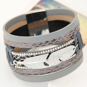 Alloy Feather Decorated Multiple Elements Wide Magnetic Lock Fashion Bangle - Gray