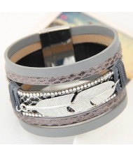 Alloy Feather Decorated Multiple Elements Wide Magnetic Lock Fashion Bangle - Gray