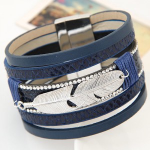 Alloy Feather Decorated Multiple Elements Wide Magnetic Lock Fashion Bangle - Blue