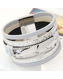 Alloy Feather Decorated Multiple Elements Wide Magnetic Lock Fashion Bangle - White