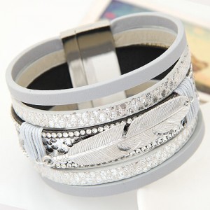 Alloy Feather Decorated Multiple Elements Wide Magnetic Lock Fashion Bangle - White
