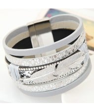 Alloy Feather Decorated Multiple Elements Wide Magnetic Lock Fashion Bangle - White