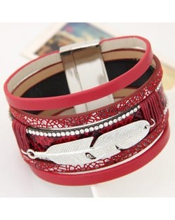 Alloy Feather Decorated Multiple Elements Wide Magnetic Lock Fashion Bangle - Red