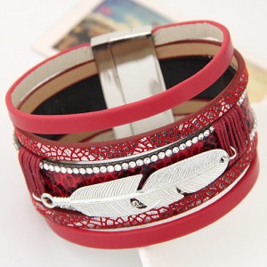 Alloy Feather Decorated Multiple Elements Wide Magnetic Lock Fashion Bangle - Red