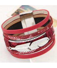 Alloy Feather Decorated Multiple Elements Wide Magnetic Lock Fashion Bangle - Red