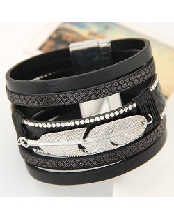 Alloy Feather Decorated Multiple Elements Wide Magnetic Lock Fashion Bangle - Black