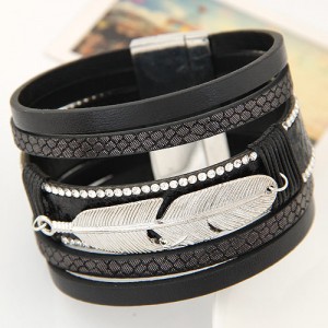 Alloy Feather Decorated Multiple Elements Wide Magnetic Lock Fashion Bangle - Black
