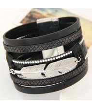Alloy Feather Decorated Multiple Elements Wide Magnetic Lock Fashion Bangle - Black