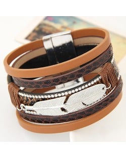 Alloy Feather Decorated Multiple Elements Wide Magnetic Lock Fashion Bangle - Brown