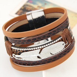 Alloy Feather Decorated Multiple Elements Wide Magnetic Lock Fashion Bangle - Brown