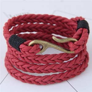 Weaving Rope with Hook Pendant Multi-layer Fashion Bracelet - Red